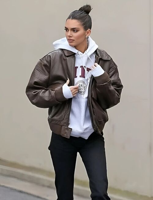 Kendall Jenner Street Style Brown Bomber Leather Jacket - Image 1