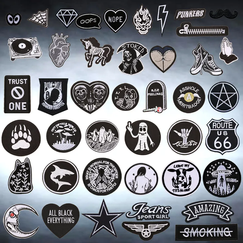 Shop Now: 46 Styles of Black and White Iron-On Patches for Clothes - Letter Appliques, Skulls, Stripes, Embroidery Stickers, Round Badges - Image 1