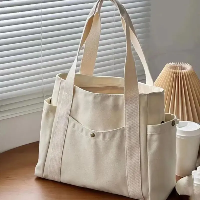 Canvas Women’s Shoulder Bag – Large Capacity Handbag with Multiple Outer Pockets, Zipper Closure, Casual Tote for Students & Shopping - Image 1