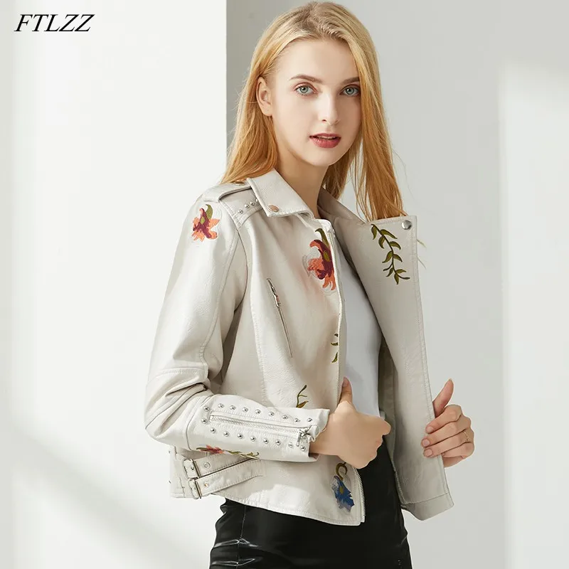 Buy New Autumn Women Floral Embroidery Pu Faux Leather Streetwear Punk Style Biker leather Jacket Online - Image 1